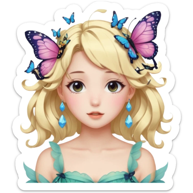 gorgeous shiny blushing anime lady with butterflies and beautiful hair fairycore high quality detailed vogue trending aesthetic sticker