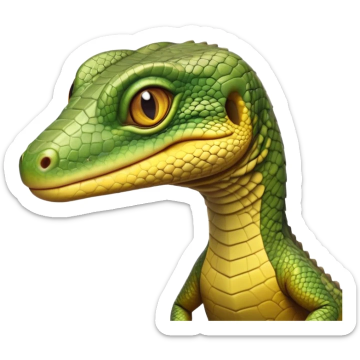 cinematic-realistic-cute-monitor-lizard-portrait-emoji,-head-tilted-playfully-and-inquisitively,-featuring-a-compact,-agile-body-with-finely-detailed,-glossy-scales-in-earthy-olive-hues-and-a-distinct,-alert-face-with-bright,-curious-eyes, yellow and dark green sticker