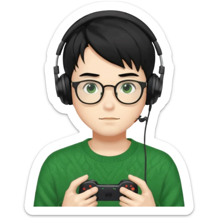 
gamer, Gorgeous green sweater black hair anime style shojo guy glasses, headphone, gamepad sticker