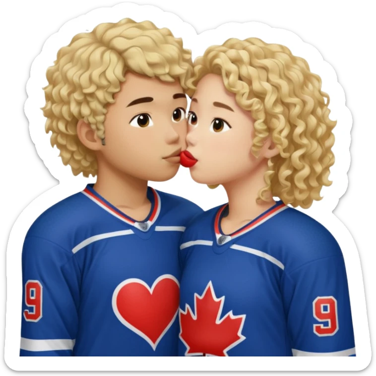 Asian hickey player kissing curly hair blonde hockey player sticker