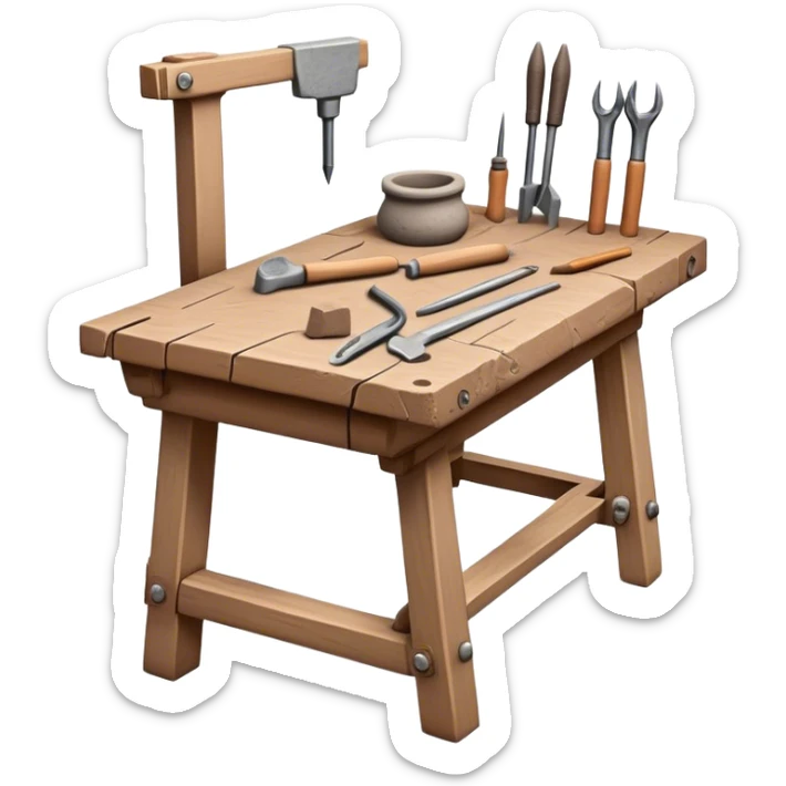 Cinematic Realistic image of a workbench set with a lump of pliable clay and artisanal sculpting tools, rendered with finely detailed textures that reveal subtle clay particles and well-worn tool surfaces, bathed in warm, focused studio lighting sticker