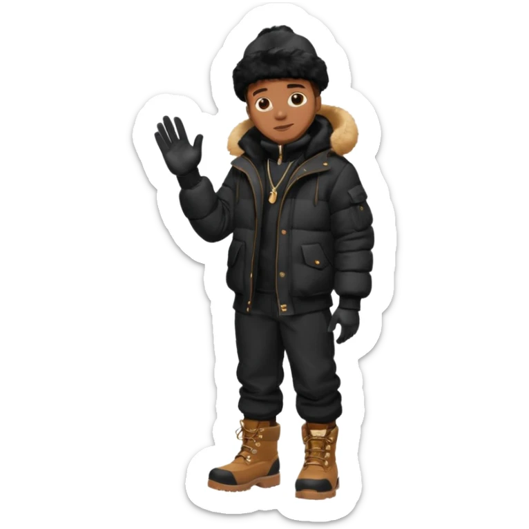 Handsome Black grown man with brown skin tone, wear black joggers, a black bubble coat with a fur brim on the hood, and buckwheat timberland boots, and black gloves sticker