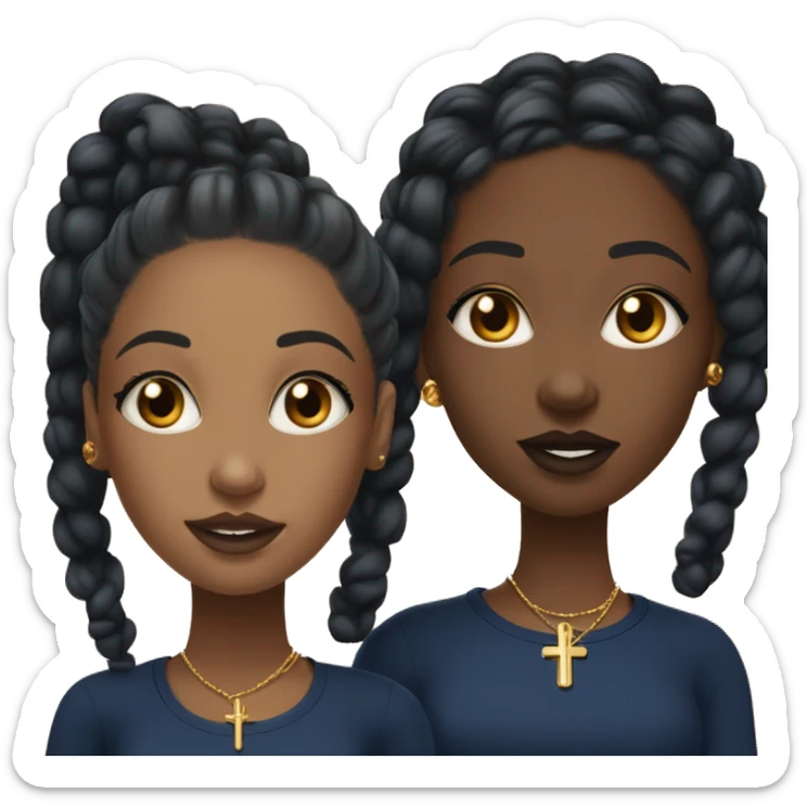 two black teenage twin girls with black braids that have curly ends and with navy blue tops and gold earrings and gold cross necklaces and some lipgloss and lip liner sticker