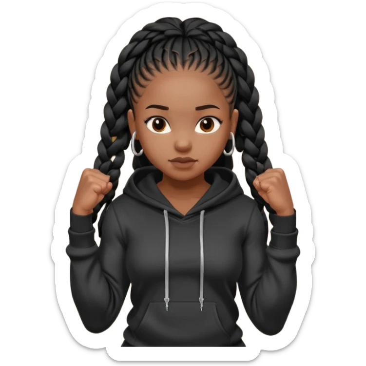 African American girl with long black box braids wearing a plain black hoodie flexing arm muscles sticker