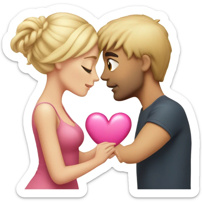 Cute couple, blonde hair woman and dark haired man kissing holding a pink heart sticker