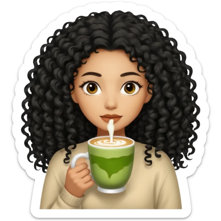 Mixed-race woman with caramel skin, long jet black curly hair , wearing a beige cashmere sweater, holding a cup of matcha latte sticker