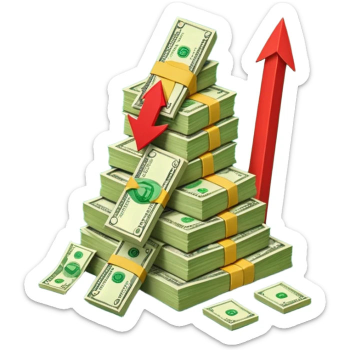 a pile of money infront of strategy paper with red arrow up sticker