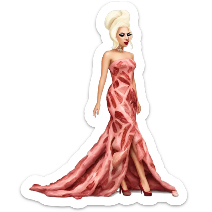 Lady gaga walking down the red carpet wearing a dress made out of meat sticker