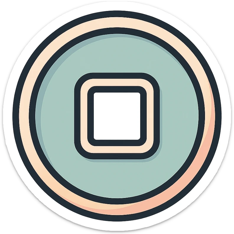 close-up of a Chinese coin with square hole, icon-color-outlined style, no red thread, detailed shadows and highlights, thin clean contours, soft rounded shapes, pastel palette #98B5BC, #B5B3C1, #C9A3C9, #E4C0CA, #F7DCD1, #F7C0AA, modern Japanese pop art and sticker aesthetic, high detail, vector sharpness, soft lighting, transparent background sticker