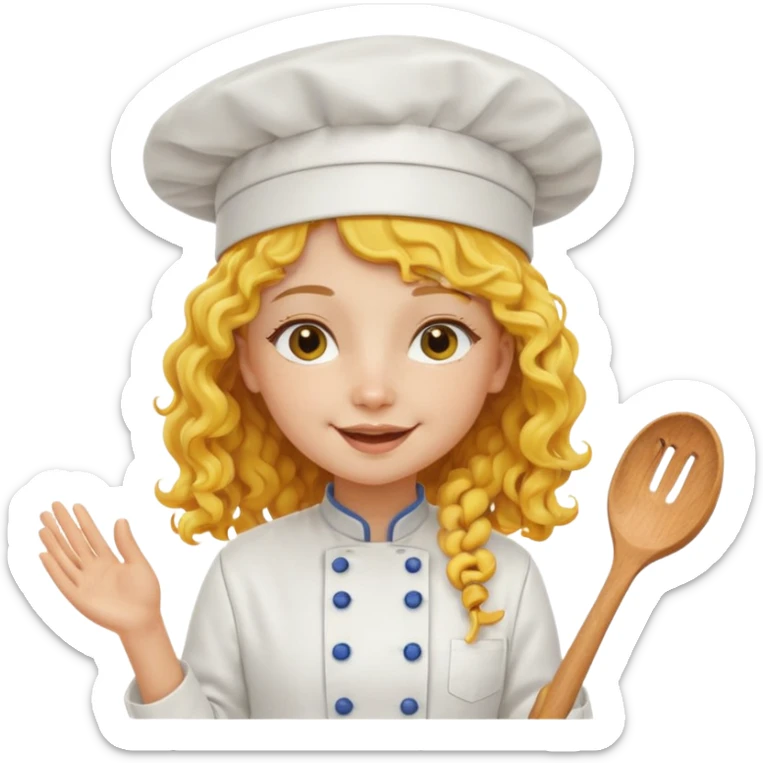 girl, yellow Long curly hair, happy, wearing chef uniform and chef hat sticker