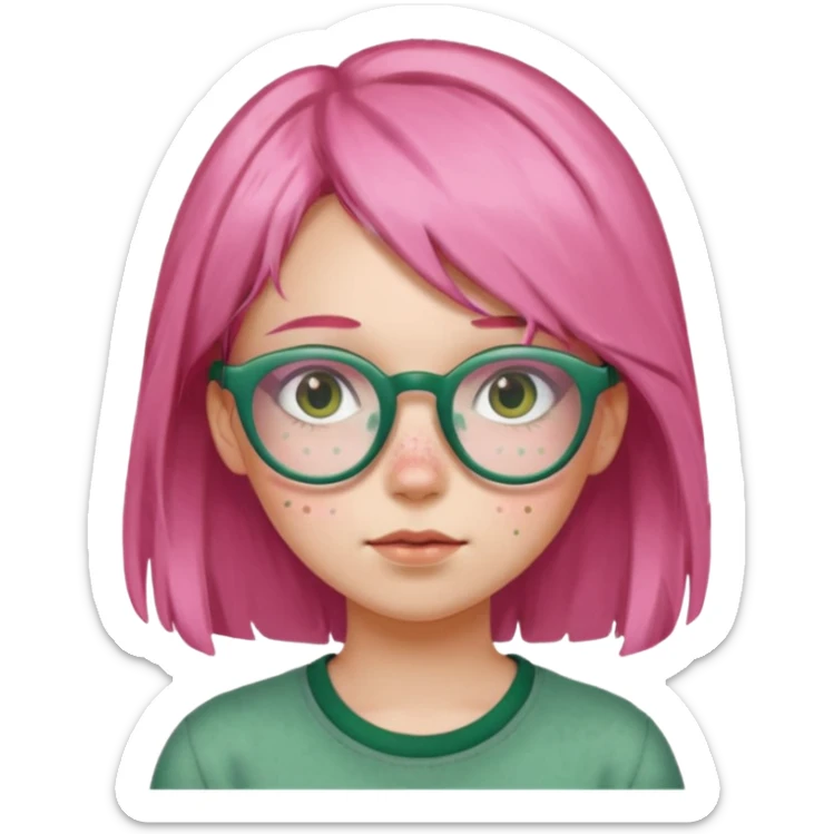 a girl with pink glasses, brownish green hair and freckles sticker