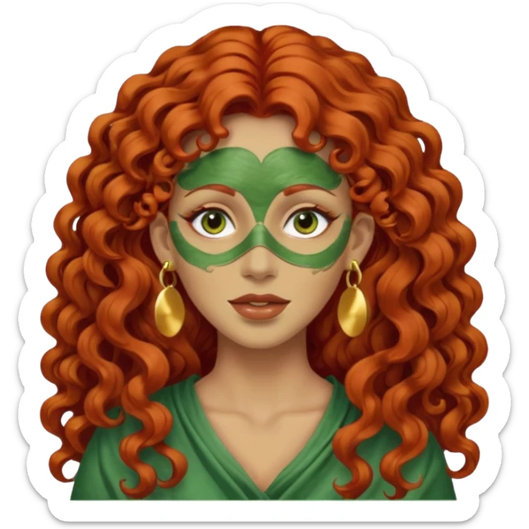 red haired very long curly haired woman with full face green clay mask  and big earrings  sticker