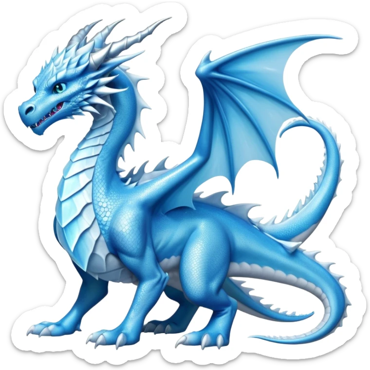 Cinematic Noble wise elegant Ice Dragon full body  Emoji, Poised and imposing, distinct long elegant snout, with a slender, scaled body shimmering in glacial hues of icy blue, frostbitten silver, and crystalline white, breathing out frost, with piercing, glowing ice blue white eyes that radiate the chilling depths of an arctic storm; rendered in detail. excuding wisdom sticker