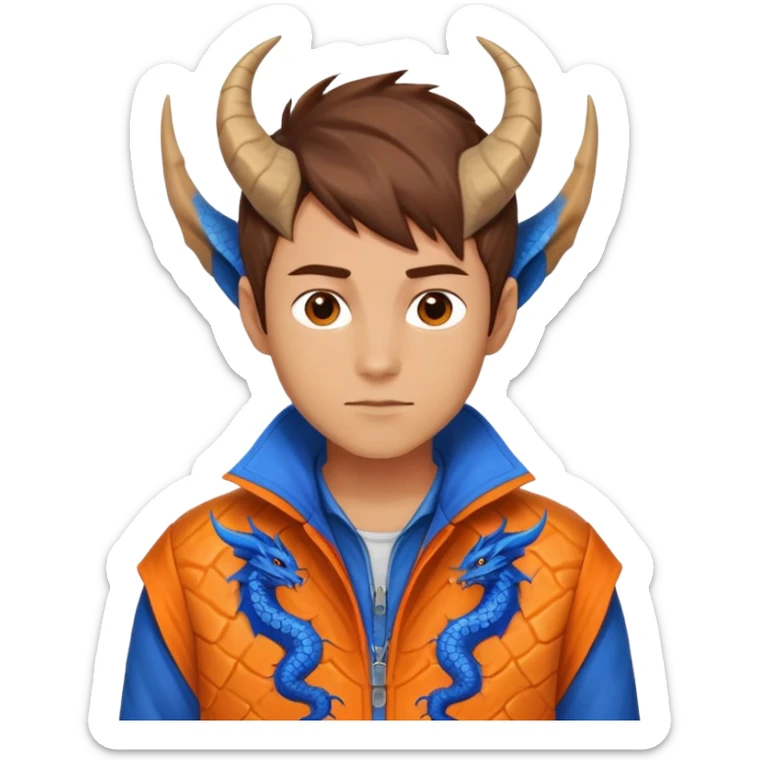 human man with blue dragon skin, brown short hair, small horns, orange jacket sticker