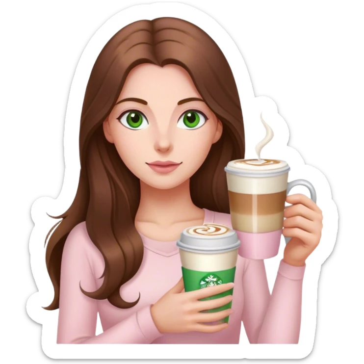 pretty woman with very long brown hair and green eyes and light pink outfit with a latte sticker