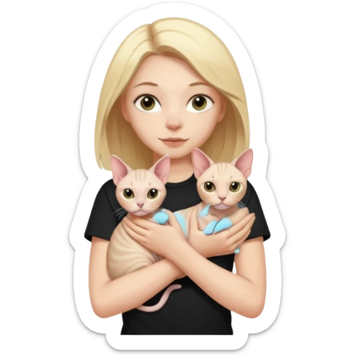 A white girl with light hair in black T-shirt is holding one Sphynx girl cat in her arms sticker