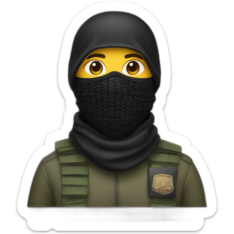 A person masked with a black shemagh and wearing military clothing  sticker