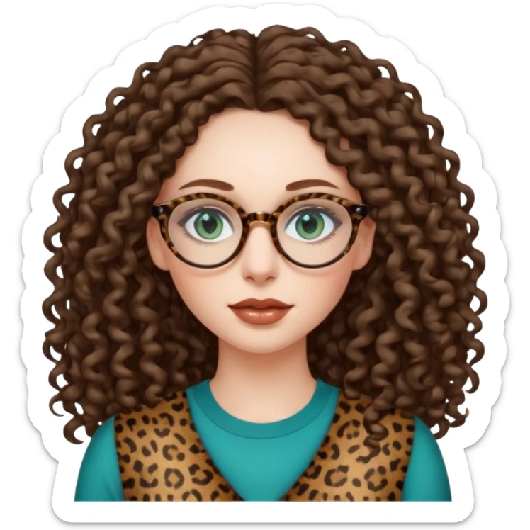 a blue green eyed woman with very long brunette curly hair, full lips,and pale skin. She is wearing a leopard printed thin round-ish glasses . She is wearing a brown top. sticker