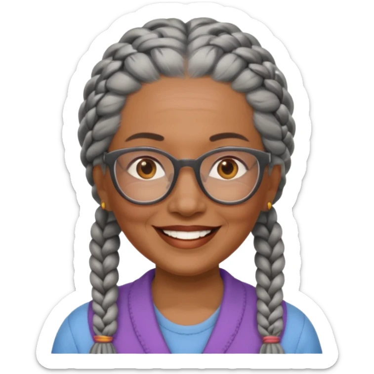 Older woman of color with gray braids, glasses and smiling sticker