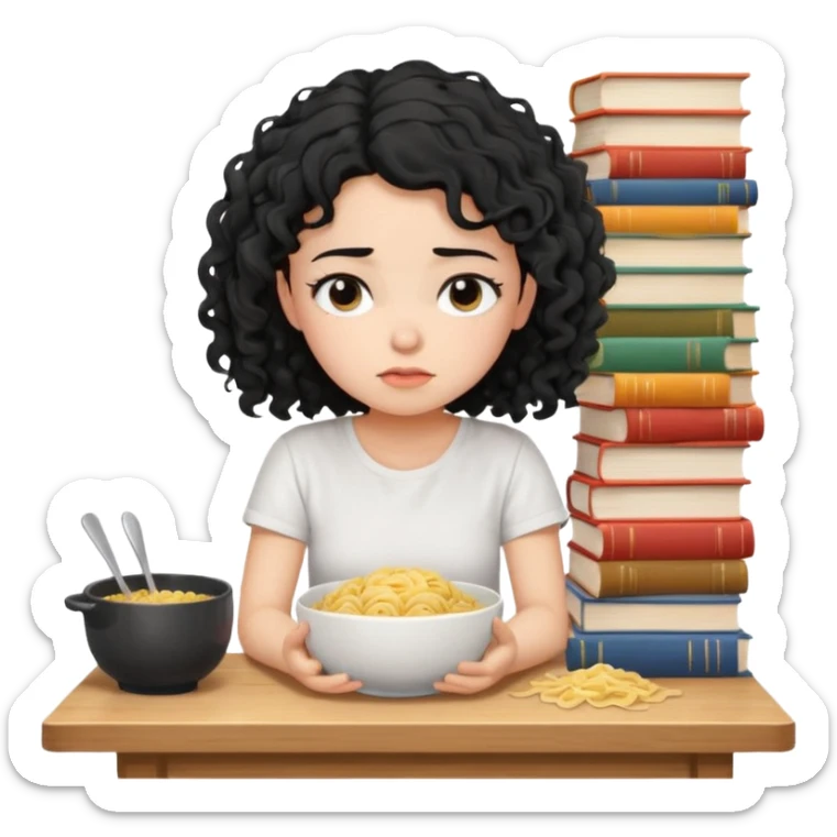 generate a pretty bratz fair skinned girl with curly black hair wearing a white tshirt sitting on a table with noodles and books. looking sleepy and tired and sad sticker