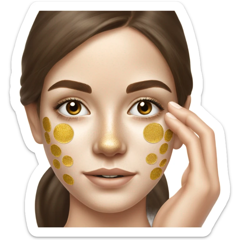 White Skin care on white freackles skin of a brunett blue eyed girl using Gold gel skin care patches under her eyes sticker