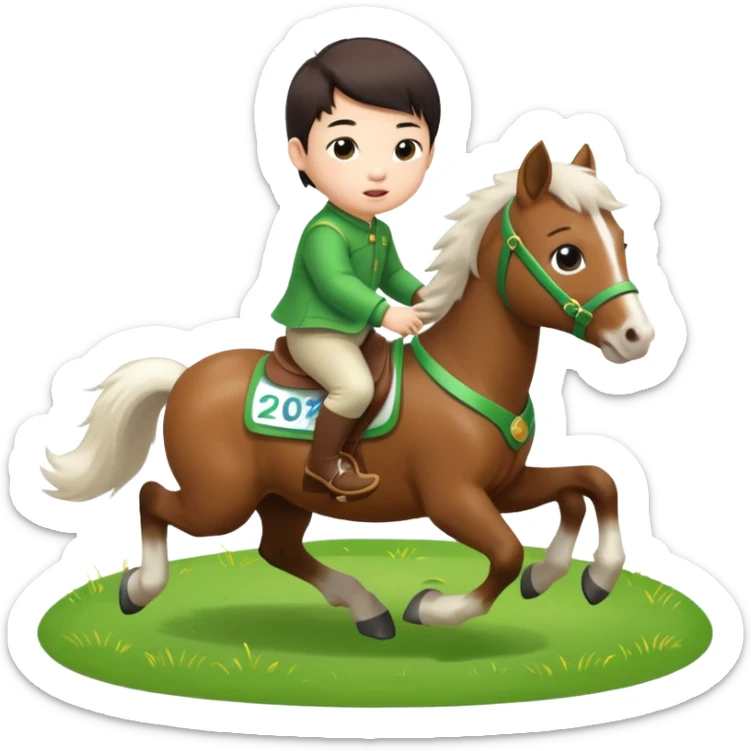 l little chinese baby riding on a  cute horse running really fast on the grass with 2026 year's label sticker
