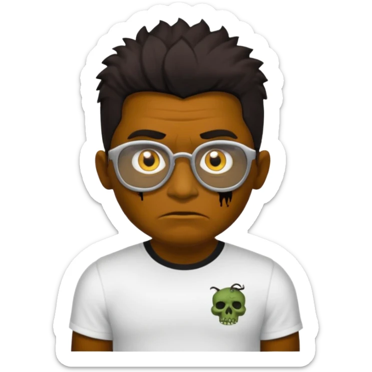 Um garoto zombie de cabelo castanho escuro, quase preto, com um cabelo médio, com olhos castanhos esverdeados, de camisa branca, com óculos redondo sticker