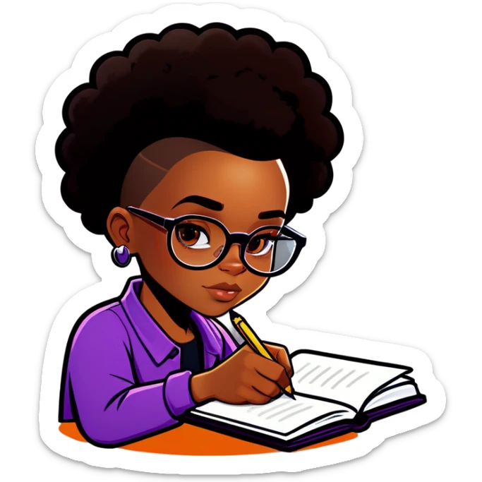 Black girl with glasses and a shaved sides haircut writing in a journal sticker