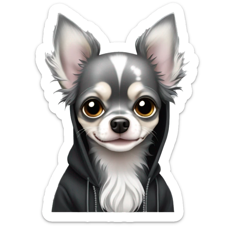 Dark Grey Merle light grey long hair chihuahua dog in a black hoody sticker