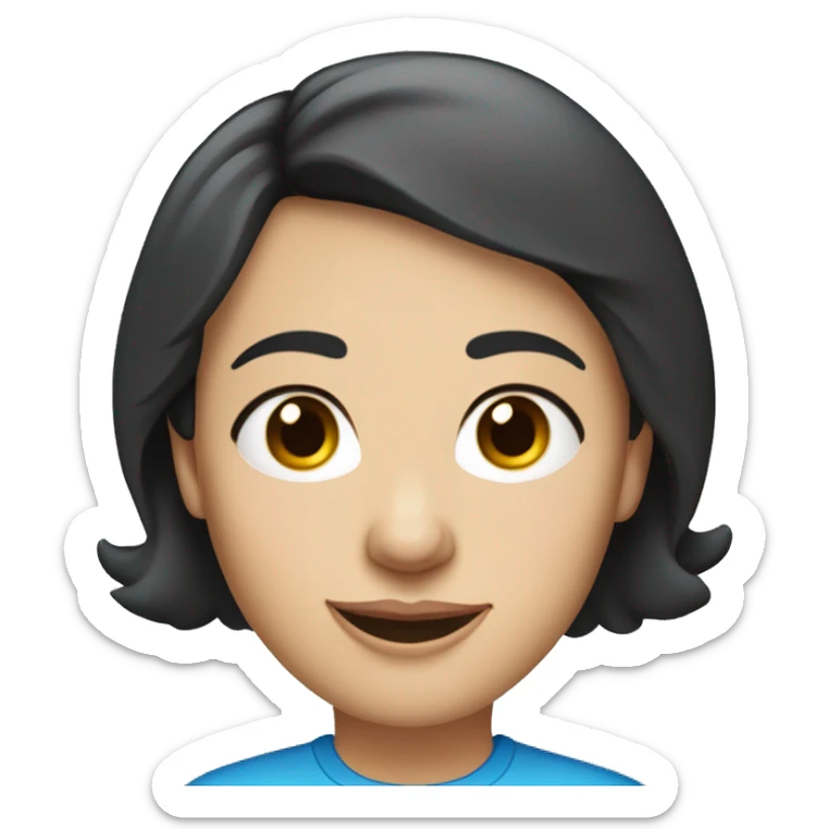A head and shoulders shot of a 50 year old caucasian woman with short black hair, blue eyes wearing a tshirt. sticker