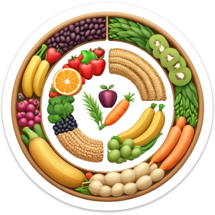 Dietary fiber concept with whole grains, fruits, vegetables and legumes arranged in a circular pattern, with a stylized intestine in the center showing fiber passing through, surrounded by small arrows indicating movement and digestion sticker