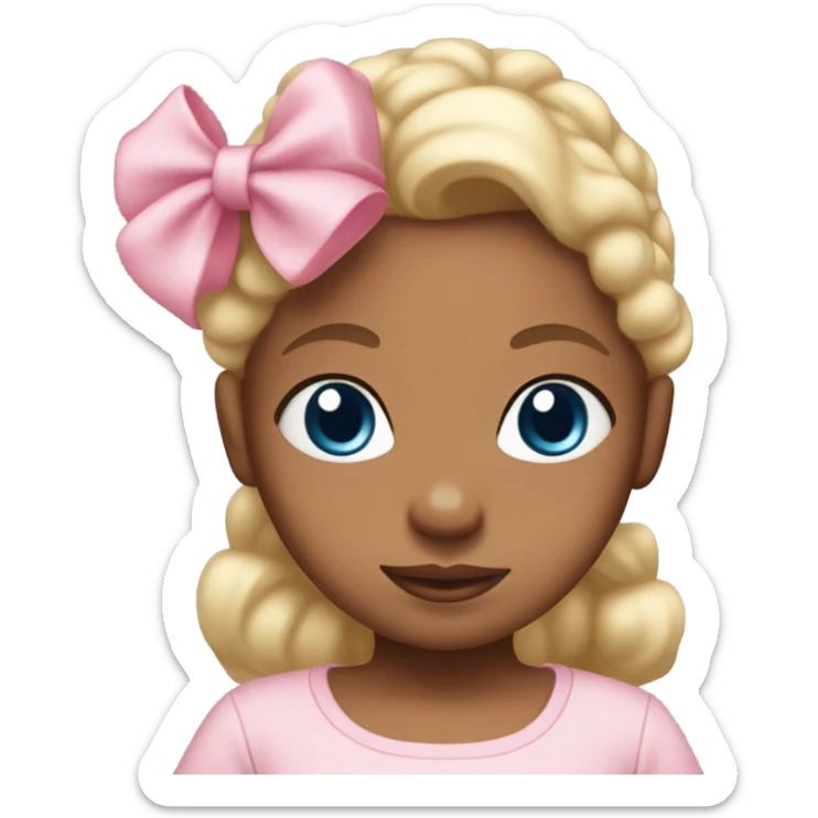 baby girl with blonde hair medium brown skin, blue eyes wearing a light pink dress onesie outfit with pink bow in hair  sticker