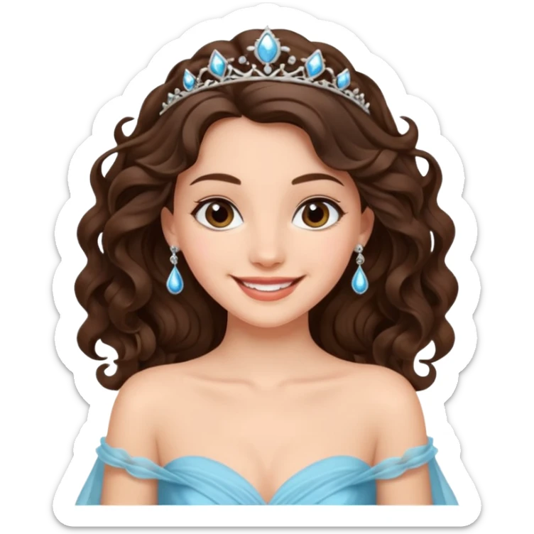 a beautiful brunette wavy flowy hair princess wearing a gown with elegant piercing and smile gently  sticker
