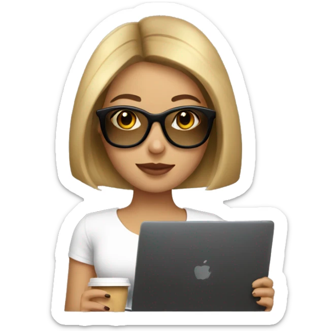 Brunette girl+bob Haircut+ Gold Glases+laptop+coffee sticker