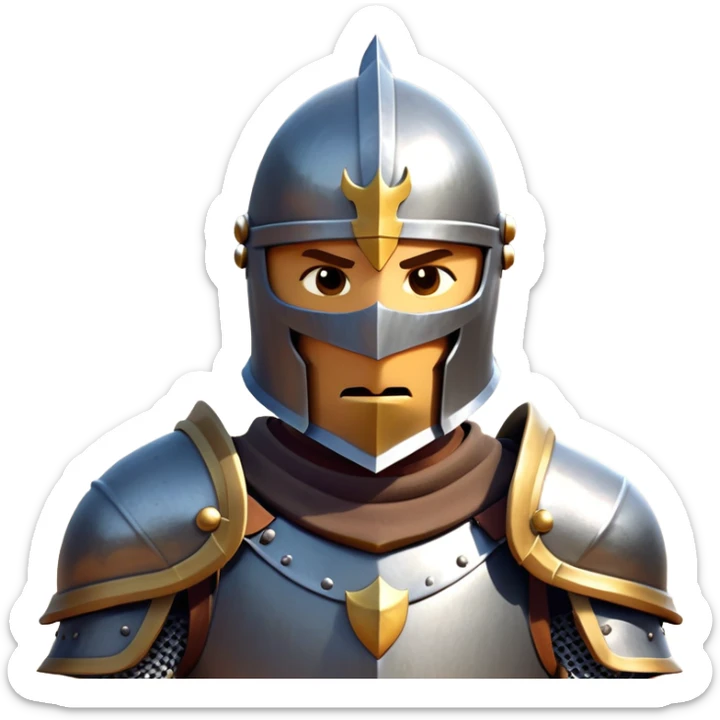 clash-of-clans-aesthetic_-cinematic-fearsome-and-majestic-knight-bust-portrait-emoji, rendered in a flat, vector-style with minimal shading and bold, simplified shapes, depicting a battle-ready medieval knight with steely eyes and intricate armor, mounted on a warhorse reflecting sunlight over a misty battlefield. sticker