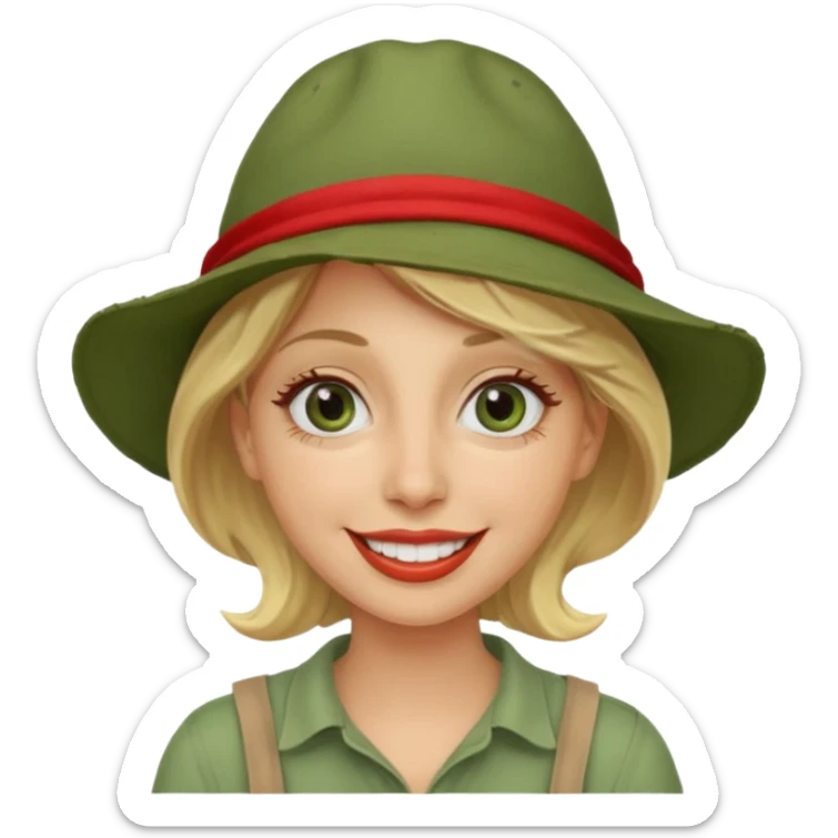 messy green clay mask and red tourist hat blond braided woman big eyes smiling and clay mask on face sticker
