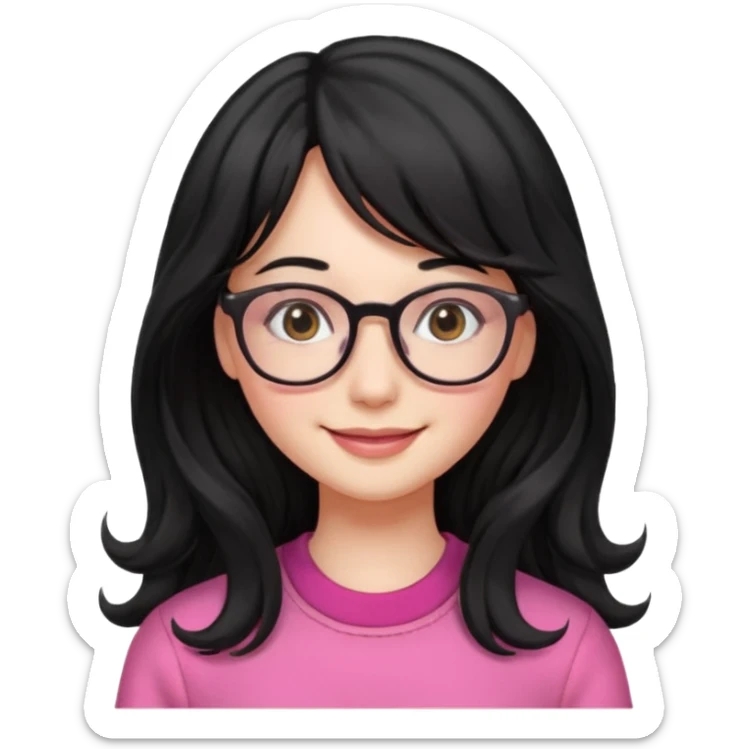 Please generate a portrait of a pretty girl with long, wavy, black hair. She's smiling. She also wears a middle parting and bangs. with glasses pink clothing sticker
