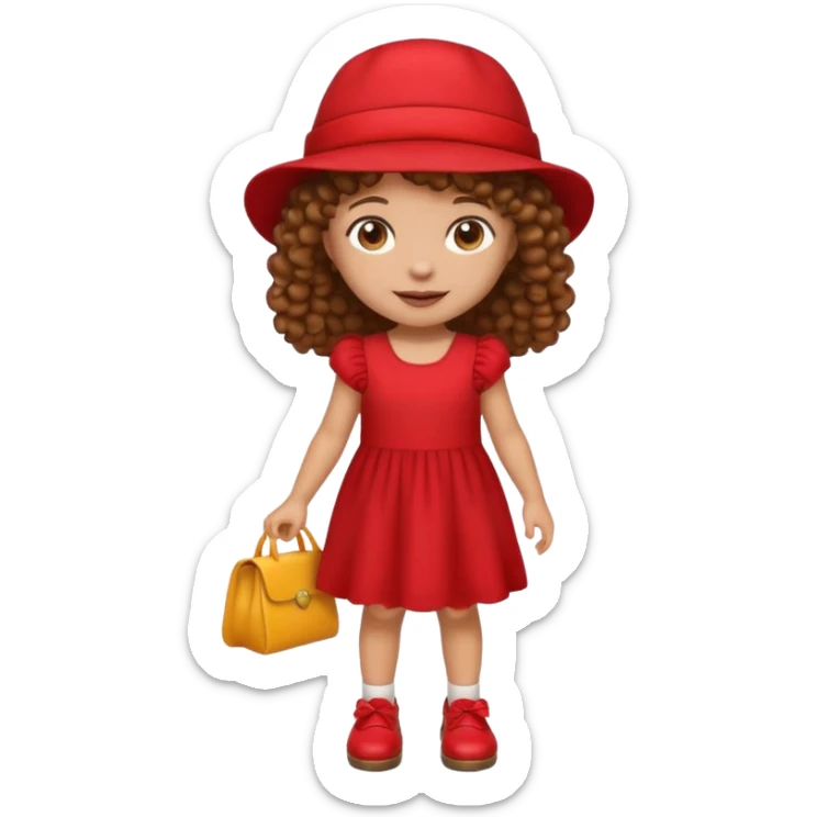 emoji-style icon of a little girl, brown curly hair, light skin, red dress, red hat, brown shoes sticker