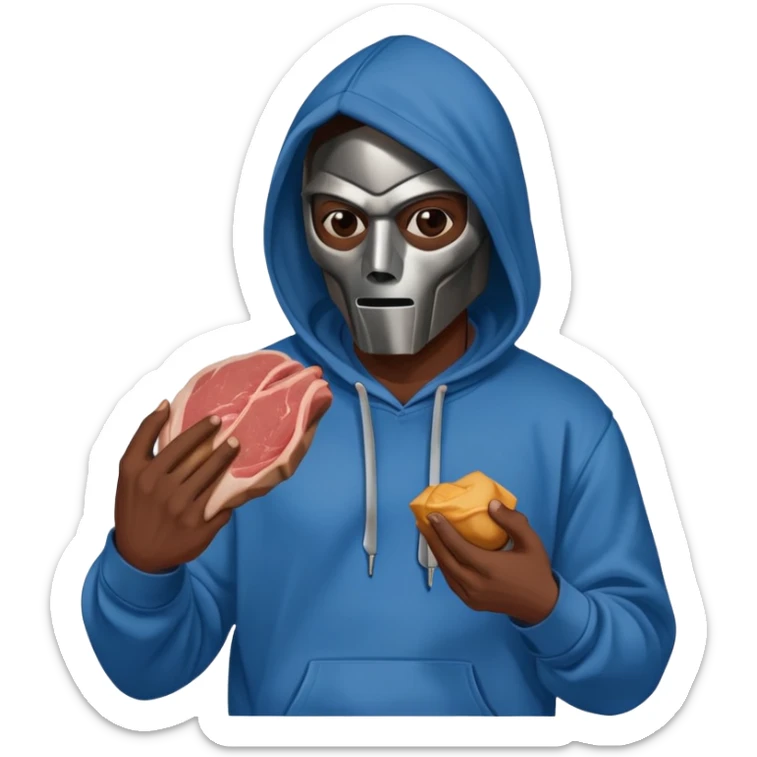 MF DOOM in a blue hoodie holding a piece of meat sticker