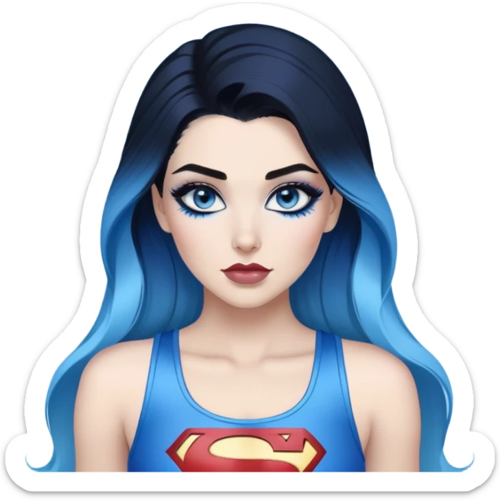 very very large chest-stunning beautiful face-black leggings-glitter lipstick-very long straight dark blue to light blue ombre hair-and-blue eyes-a lot of black eyeliner-thick long eyelashes-sky blue low tanktop with glitter superman logo-no gloves sticker
