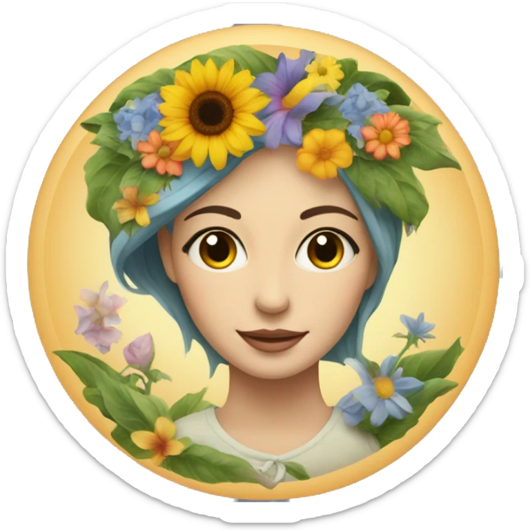 Lady's face inside a circle with a moon, flowers, and a sun along the bottom of the circle sticker