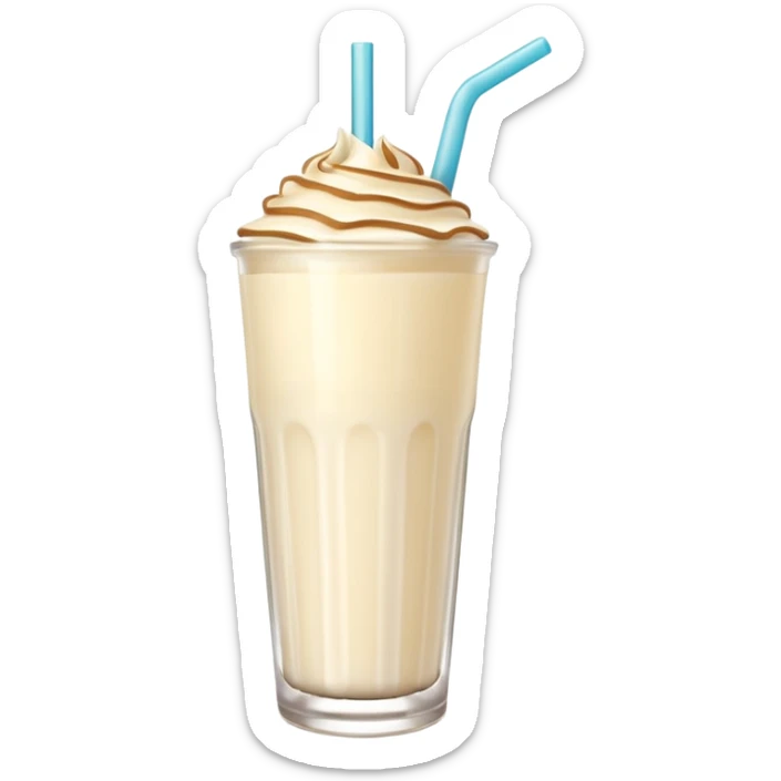 A 3D cartoon tall glass of vanilla milkshake with a straw, smooth creamy texture, light froth on top, subtle reflections, soft warm light, Memoji-style. sticker