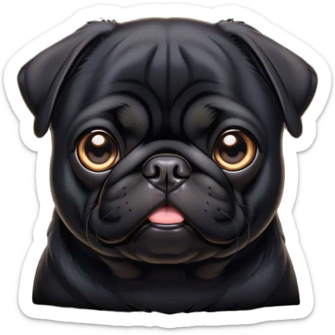Cinematic Noble Black Pug Portrait Emoji, Poised and regal, with a compact, sturdy build and a sleek, shiny pure black coat, deep-set soulful dark eyes, Simplified yet sharp and sophisticated features, highly detailed, glowing with a soft, dignified glow, high shine, intelligent and spirited, stylized with an air of confidence, focused and attentive, soft glowing outline, capturing the essence of a watchful and commanding companion, so majestic it feels as though it could prance out of the screen with effortless authority! sticker