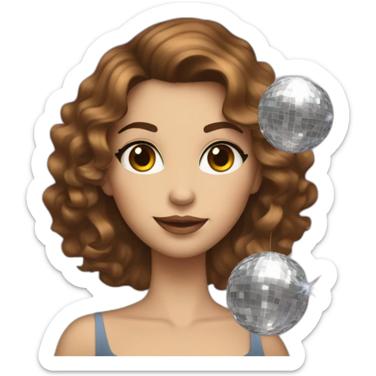 female with brown wavy hair dressed in a party dress and disco ball sticker
