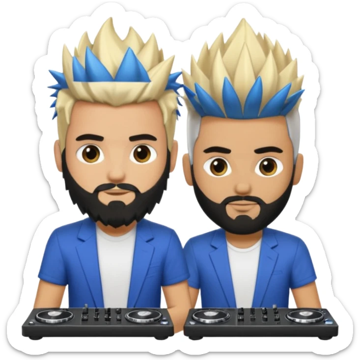 Two male dj’s, one with a long spiky Blonde hair, the second one black short hair and black beard sticker