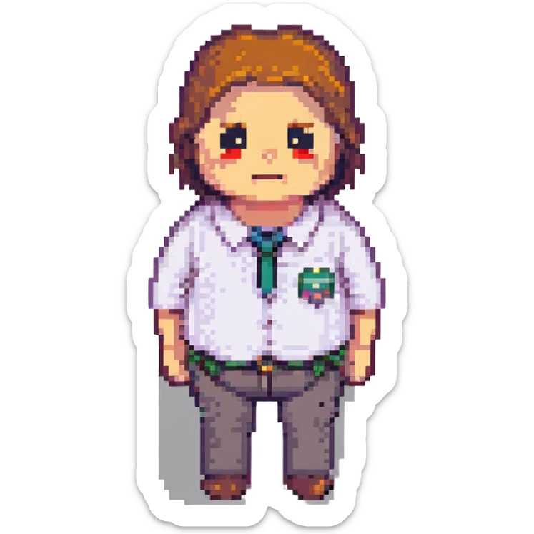 A businessperson with a rumbling stomach and a sad face, pixel art style sticker