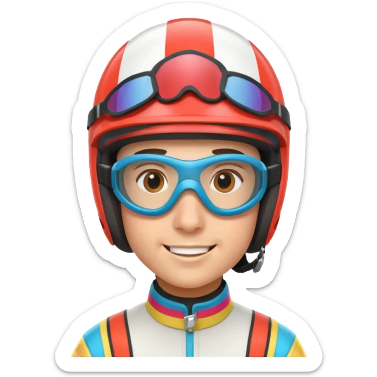 horse race jockey portrait, head and shoulders only, wearing colorful racing helmet and goggles, sporty uniform collar, confident smile, 3D cartoon, mobile game icon style, clean background, no text, no watermark
 sticker
