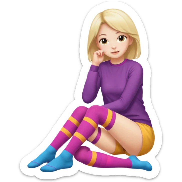 Cute girl thigh high socks sitting legs out, colorful clothes sticker