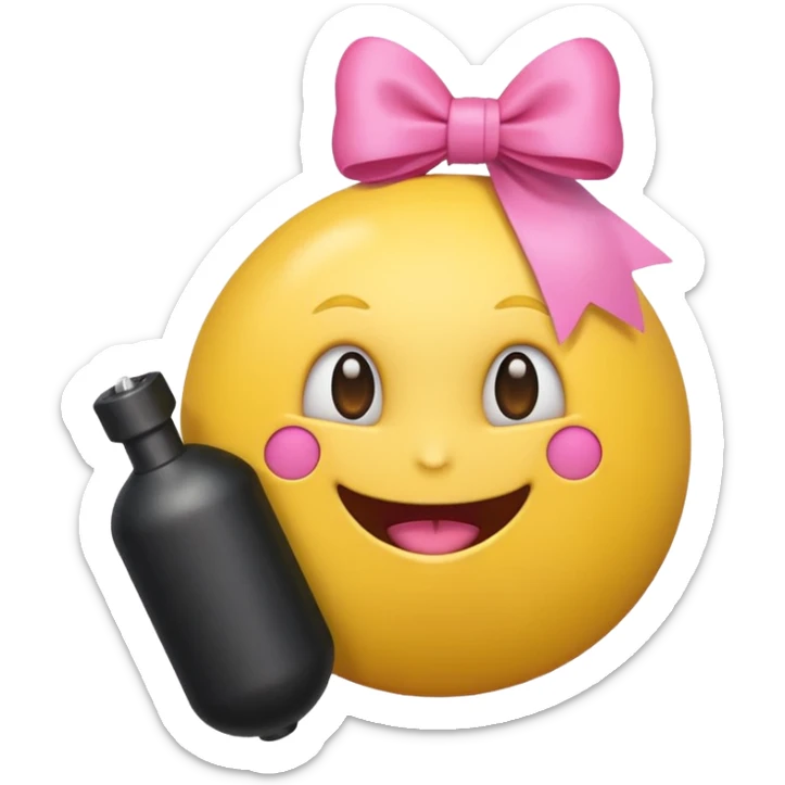 A happy face emoji holding a bomb and the bomb has a cute pink bow on the bomb sticker