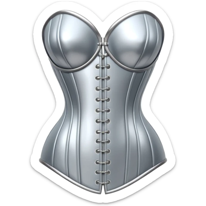 A luxury corset emoji made of silver chrome, smooth metallic curves, minimal fashion silhouette, glossy reflections, sensual high-end aesthetic, iOS emoji style, centered, clean white background sticker